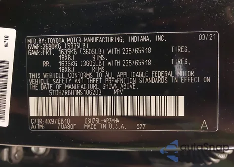 2021 Toyota Highlander Xle z USA, uszkodzony, nr VIN 5TDHZRBH1MS106203